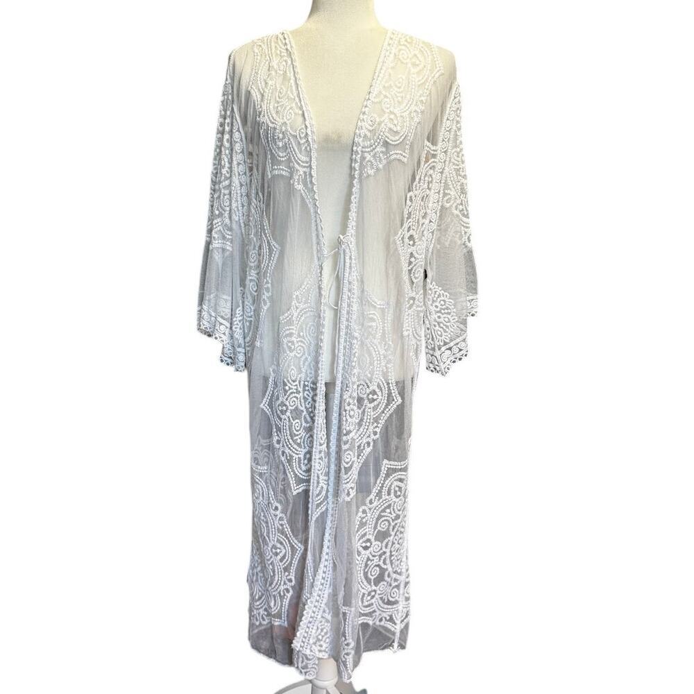 White Sheer Lace Kimono Duster Cardigan Size Small - Picture 2 of 7